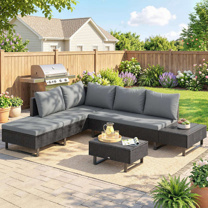 5 Seater L-Shaped Rattan Garden Corner Sofa Set | Adjustable Backrest & Chaise Lounge | Loveseat & Coffee Table | Zipped Cushion Covers | Powder-Coated Frame | 360kg Capacity | Dark Grey