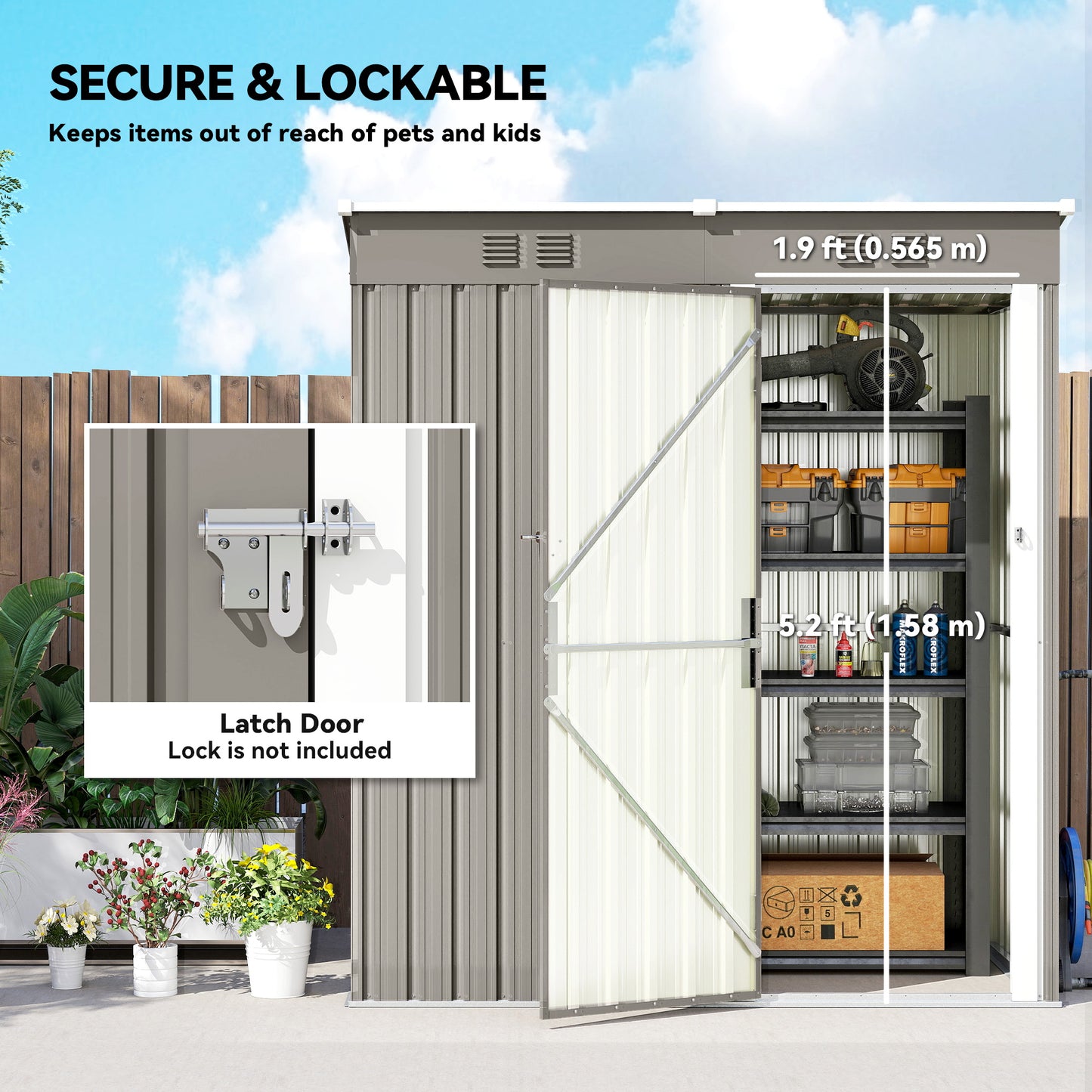Compact Lean-To Galvanised Steel Garden Storage Shed | Lockable Door | Vent System | Sloped Roof | 20kg/㎡ Snow Load | 163x90x179cm | Patio & Flagstone | Light Grey & White