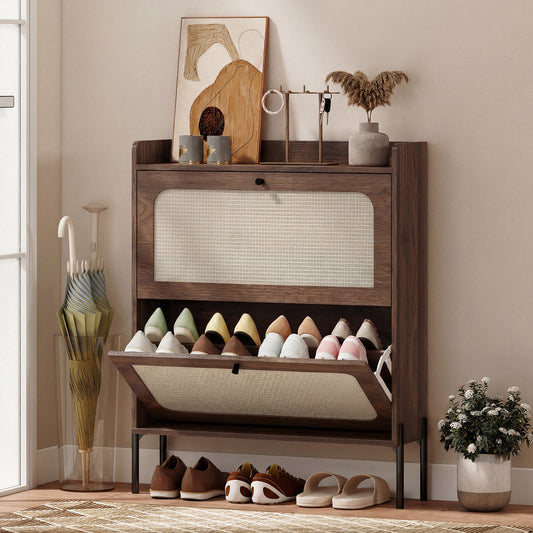 Boho Narrow Shoe Cabinet | 2 Flip Drawers | Rattan Fronts | 12-16 Pairs | Adjustable Shelves | Anti-Tip Hardware | Melamine Coating | 40kg Capacity | 80x23.7x99.5cm | Dark Brown