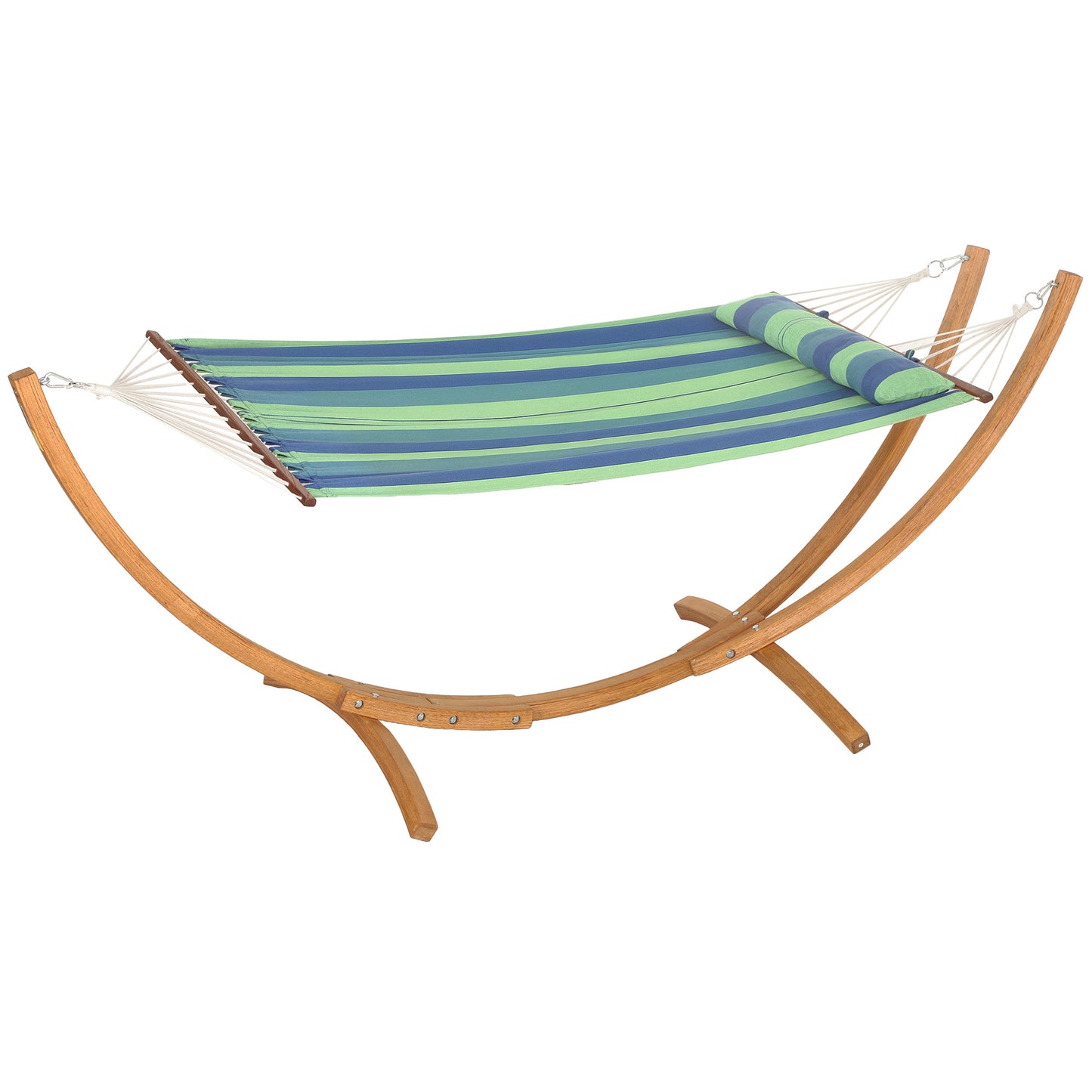 Outdoor Hammock with Stand, Garden Hammock with Triple-Head Eucalyptus Wood Arc Frame, 1 Person Cotton Bed and Head Pillow, Freestanding Garden Swing