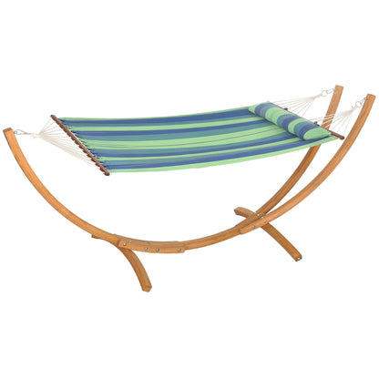 Outdoor Hammock with Stand, Garden Hammock with Triple-Head Eucalyptus Wood Arc Frame, 1 Person Cotton Bed and Head Pillow, Freestanding Garden Swing