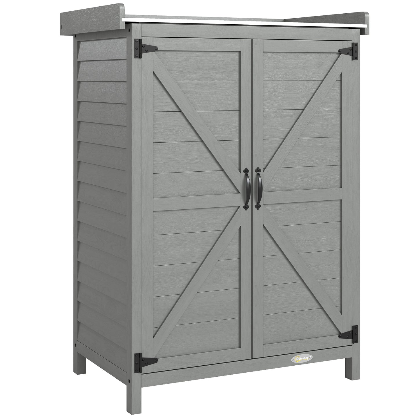 2-in-1 Fir Wood Potting Table & Garden Tool Storage Shed | Galvanised Metal Worktop | Double Doors | Shelf | Side Hooks | Raised Base | Water-Based Paint | 71.5x39x95cm | 30kg Capacity | Grey