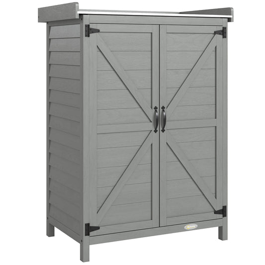 2-in-1 Fir Wood Potting Table & Garden Tool Storage Shed | Galvanised Metal Worktop | Double Doors | Shelf | Side Hooks | Raised Base | Water-Based Paint | 71.5x39x95cm | 30kg Capacity | Grey