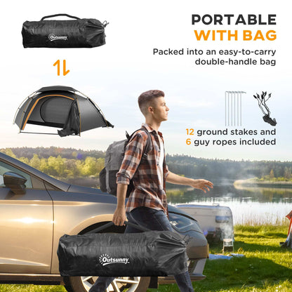 Outsunny Camping Dome Tent W/ Self Inflatable Mattress, 1 Person, Removable Rainfly, 2000mm Waterproof, Portable W/ Bags for Fishing Hiking