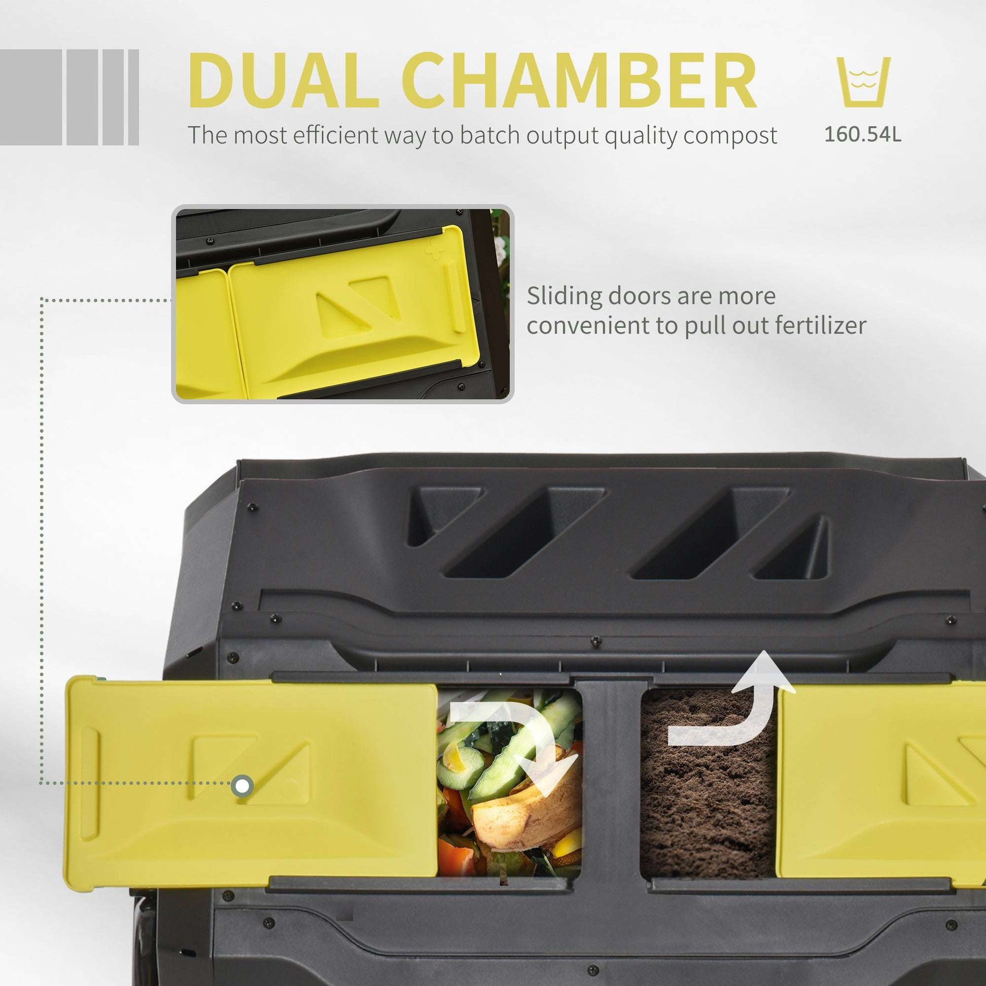 160L Tumbling Compost Bin Outdoor Dual Chamber 360° Rotating Composter, Garden Compost Bin w/ Sliding Doors & Solid Steel Frame, Yellow