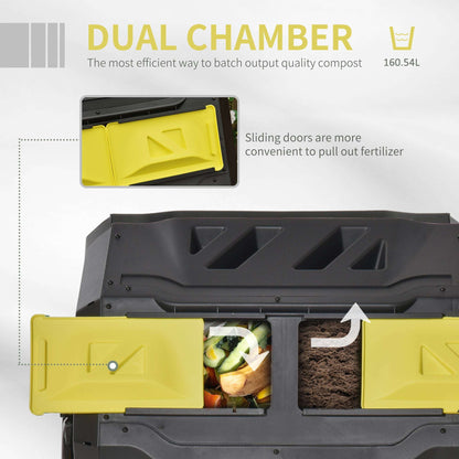160L Tumbling Compost Bin Outdoor Dual Chamber 360° Rotating Composter, Garden Compost Bin w/ Sliding Doors & Solid Steel Frame, Yellow