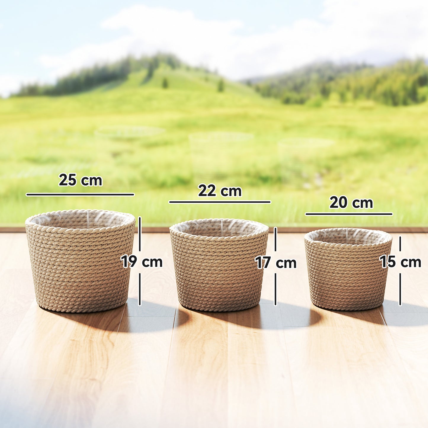 Set of 3 Handwoven Seagrass Plant Pots | Plastic Inner Liner | Lightweight | Bohemian Style | S M L Sizes | Indoor & Outdoor | Patio Balcony & Living Areas | Natural