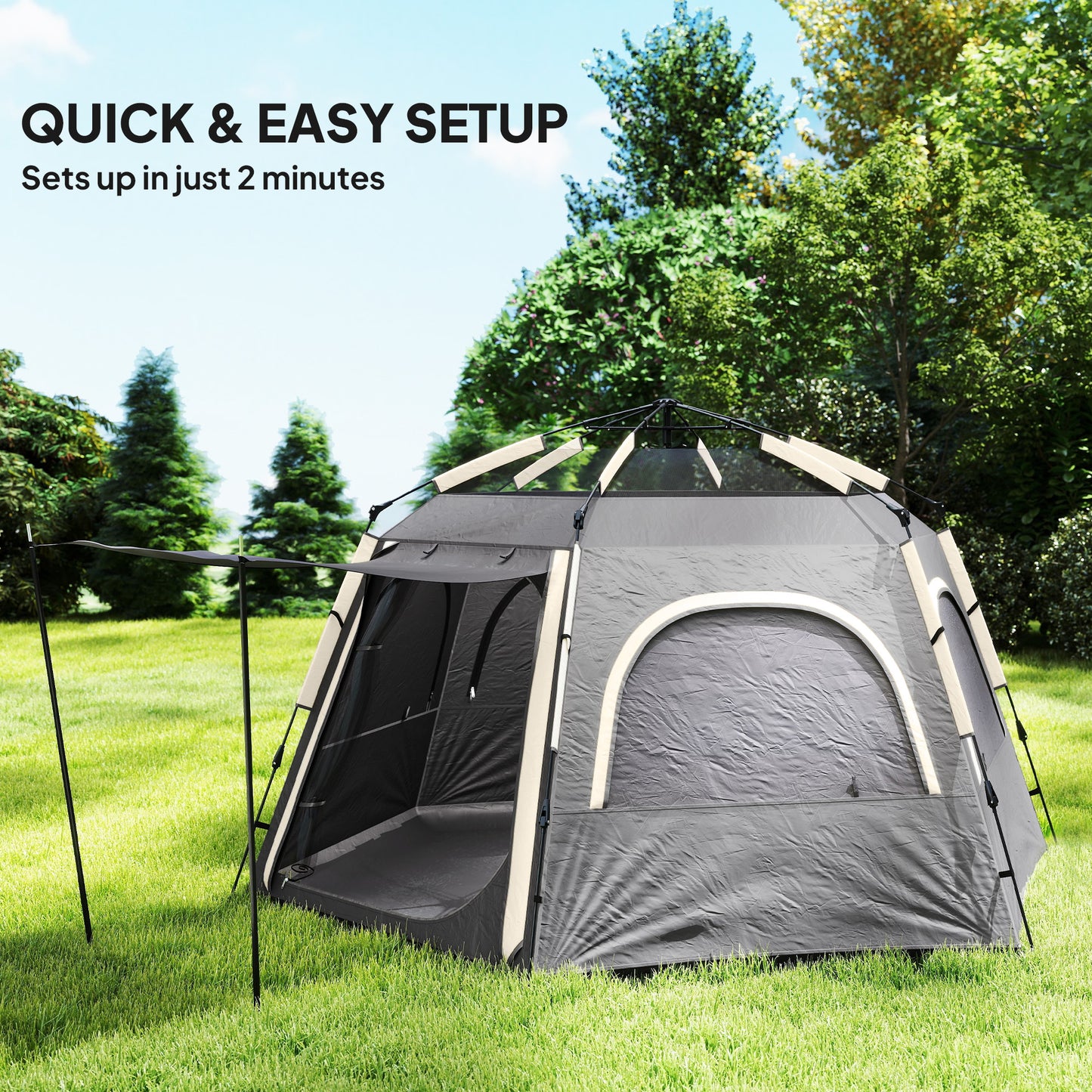 Instant Camping Tent, 2/3/4 Person Easy Setup Family Tent with Vestibule, Rainfly, 4 Mesh Windows & 2 Doors, Hexagonal Design, Waterproof