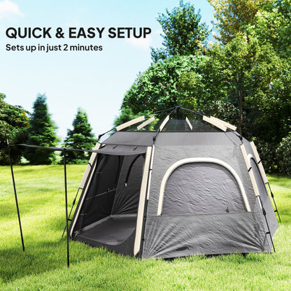 Instant Camping Tent, 2/3/4 Person Easy Setup Family Tent with Vestibule, Rainfly, 4 Mesh Windows & 2 Doors, Hexagonal Design, Waterproof