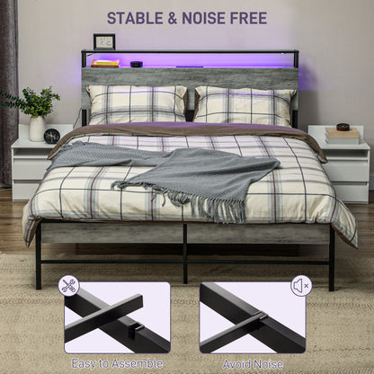King Steel Bed Frame, with LED Lights and Headboard Shelf - Grey