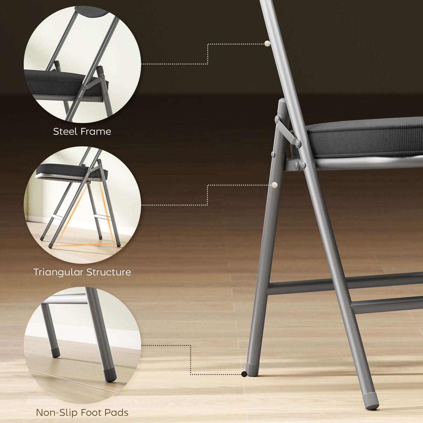 Set of 4 Folding Corduroy Chairs | High Back | Padded Seat & Back | Steel Frame | 120kg | No Assembly | Dark Grey