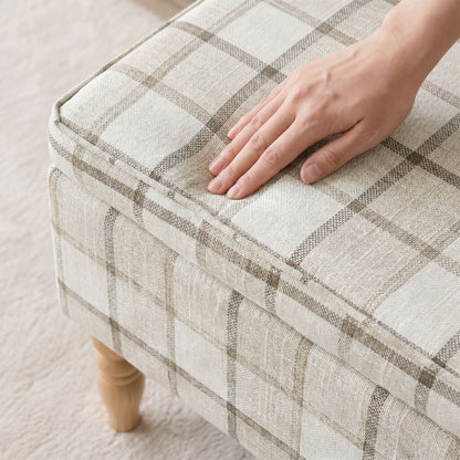 Storage Ottoman Footstool | Flip-Lid Tray Table | 24L Hidden Storage | Plaid Linen-Look Fabric | Rubberwood Legs | 120kg Capacity | 50 x 38 x 39cm | Brown