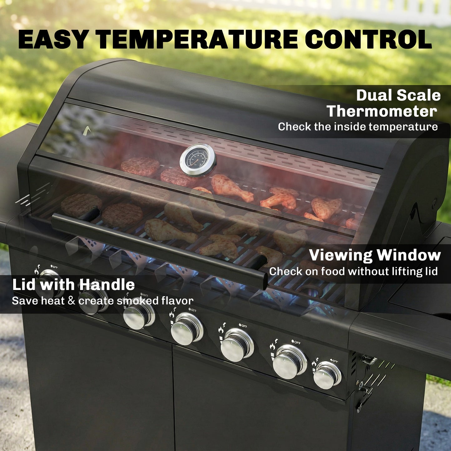 6+1 Burner Gas BBQ Grill | 3200cm² | 8-12 People | Side Burner | Warming Rack | Thermometer & Glass Window | Cabinet | Wheels | LPG | 146cm | Black