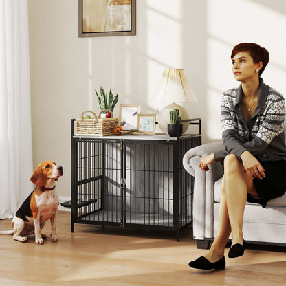PawHut Dog Crate Furniture with Rotating Bowl Holder, 2 Bowls, 2 Doors, for Medium Dogs, 80 x 56 x 76.5 cm, Grey