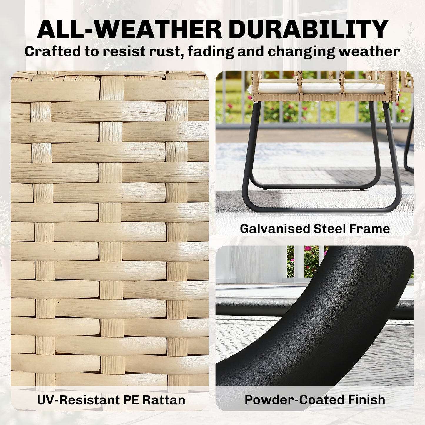 4 Piece Rattan Garden Furniture Set | Loveseat | 2 Armchairs | Coffee Table | Tempered Glass Top | PE Rattan & Metal Frame | High-Density Cushions | Washable Covers | Natural Wood