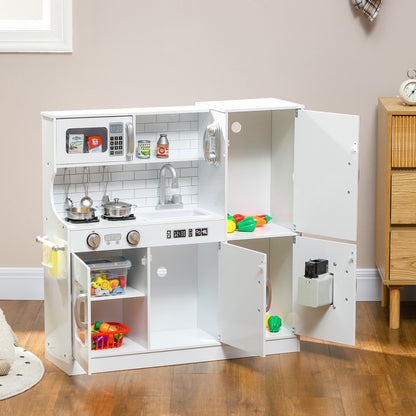 Pretend Play Kitchen, Kids Kitchen Playset, with Toy Phone, Chalkboard, Microwave, Cooking Stove, Sink, White