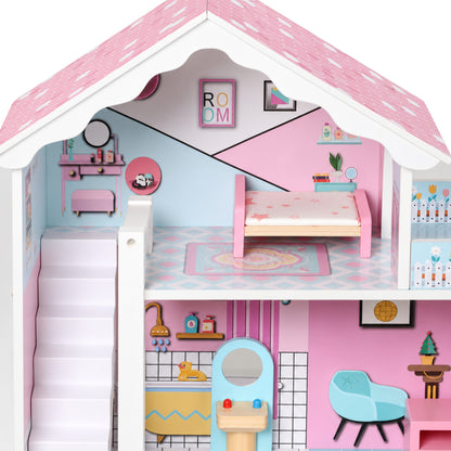 Kids Large 3-Storey Dolls House | 10 Accessories Included | Fits Dolls Up to 20cm | Detailed Rooms & Balcony | MDF | Smooth Edges | STEM-Inspired Pretend Play | 60.5x24x72.5cm | Ages 3–6 | Pink