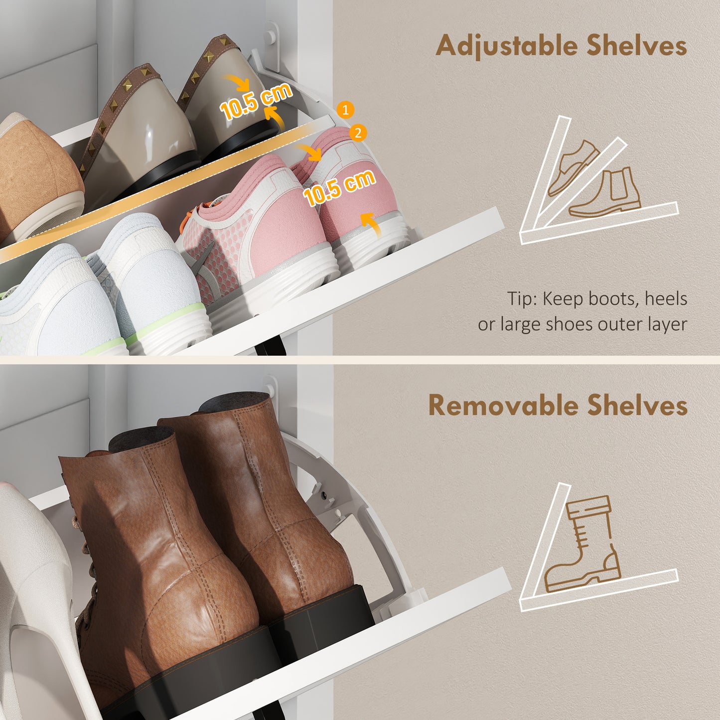 Farmhouse Narrow Shoe Cabinet | 2 Flip Drawers | 8-12 Pairs | White