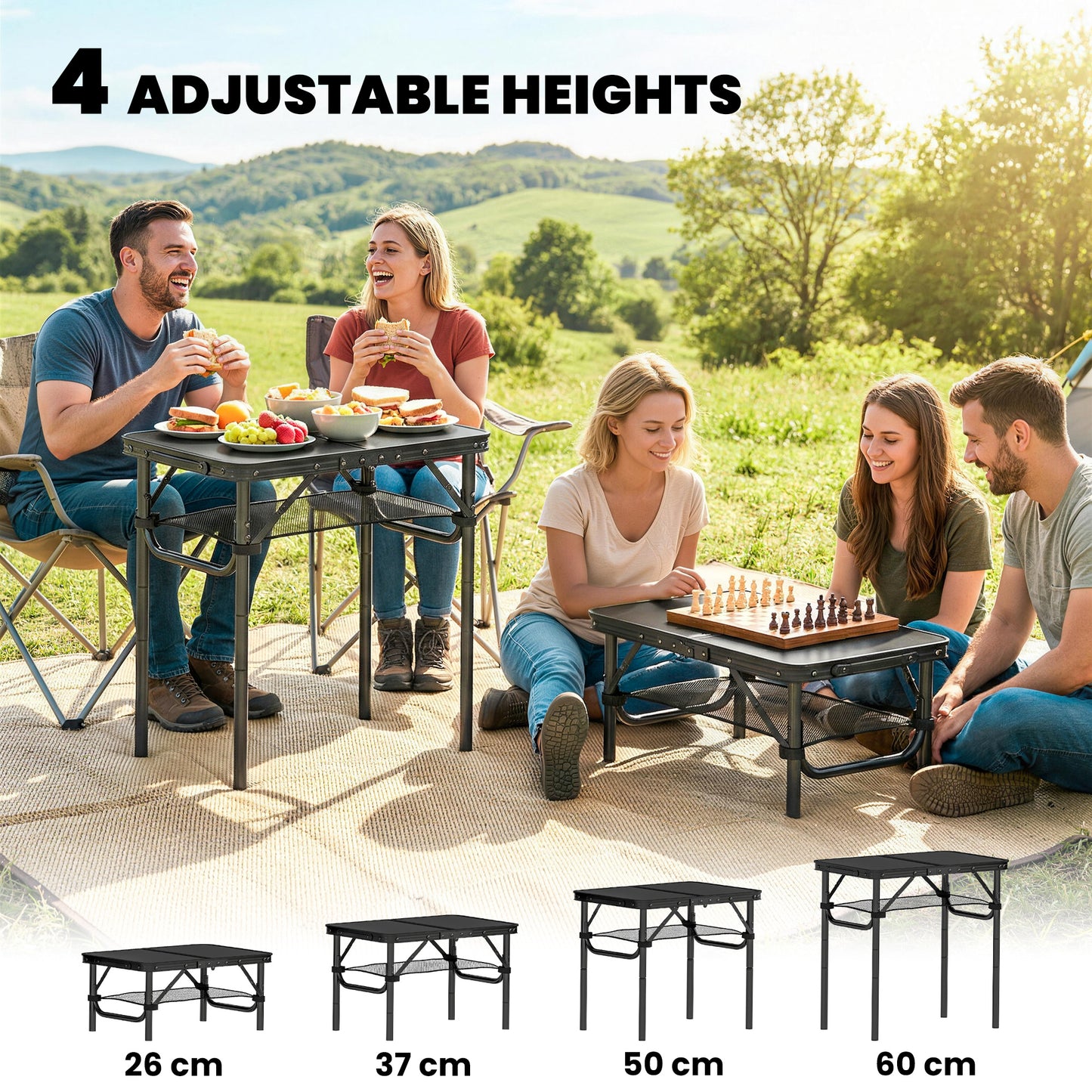 Folding Camping Table 2ft – 4 Adjustable Heights, Mesh Storage Layer, Aluminium Frame, Folds to 40x30x7cm, 30kg Capacity, Tool-Free Setup – Black