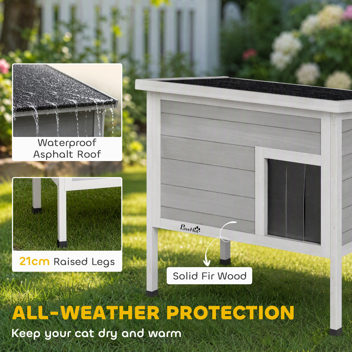 Insulated Outdoor Cat House with Removable Liner | Waterproof Asphalt Roof | 21cm Raised Base | Escape Door | Opening Roof | PVC Door Curtain | Fir Wood | For Cats Up To 6kg | 68x50x65cm | Dark Grey