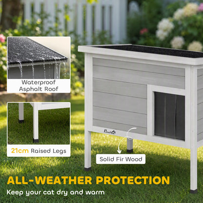 Insulated Outdoor Cat House with Removable Liner | Waterproof Asphalt Roof | 21cm Raised Base | Escape Door | Opening Roof | PVC Door Curtain | Fir Wood | For Cats Up To 6kg | 68x50x65cm | Dark Grey