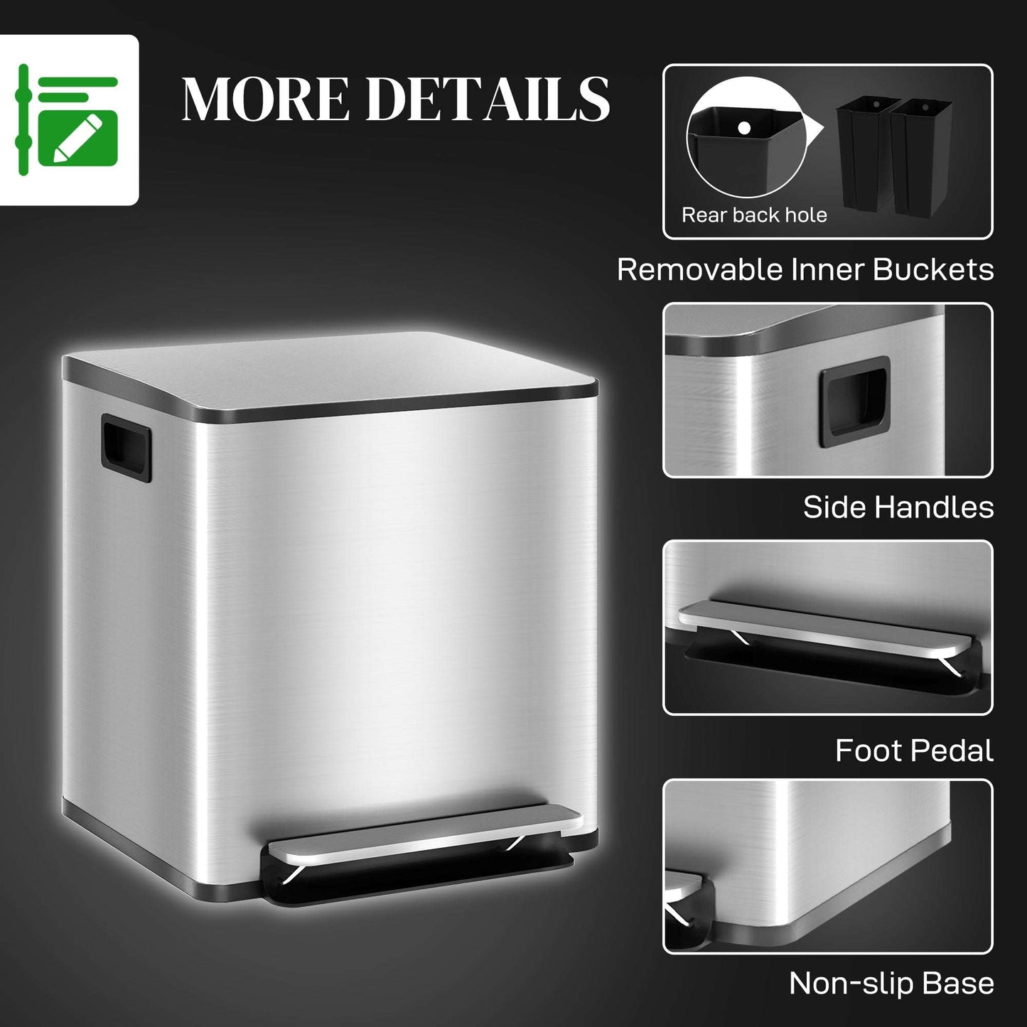 30L Dual Compartment Pedal Bin | Stainless Steel | 2x15L | Removable Buckets | Deodoriser Holders | Stay-Open | No Assembly | Silver