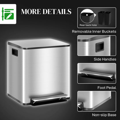 30L Dual Compartment Pedal Bin | Stainless Steel | 2x15L | Removable Buckets | Deodoriser Holders | Stay-Open | No Assembly | Silver