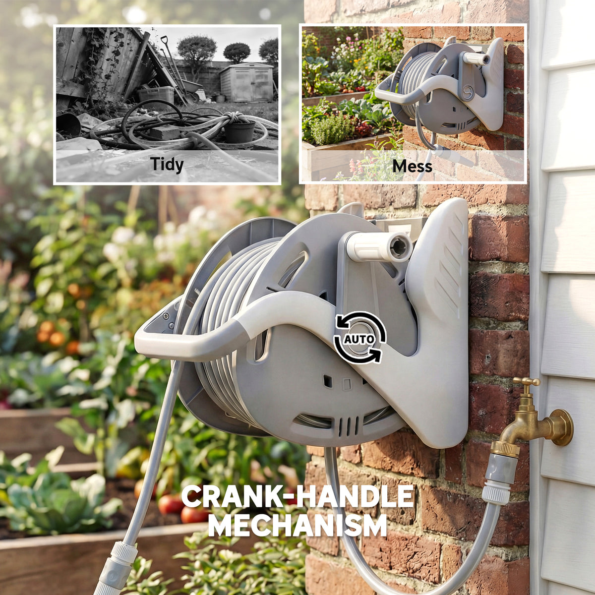 2-in-1 Wall Mounted & Portable Garden Hose Reel | 20+2m | Burst-Proof Hose | 2-Pattern Spray Nozzle | Crank Handle | Rust-Proof PVC | Grey