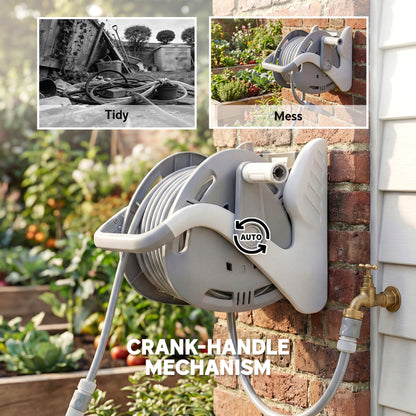 2-in-1 Wall Mounted & Portable Garden Hose Reel | 20+2m | Burst-Proof Hose | 2-Pattern Spray Nozzle | Crank Handle | Rust-Proof PVC | Grey