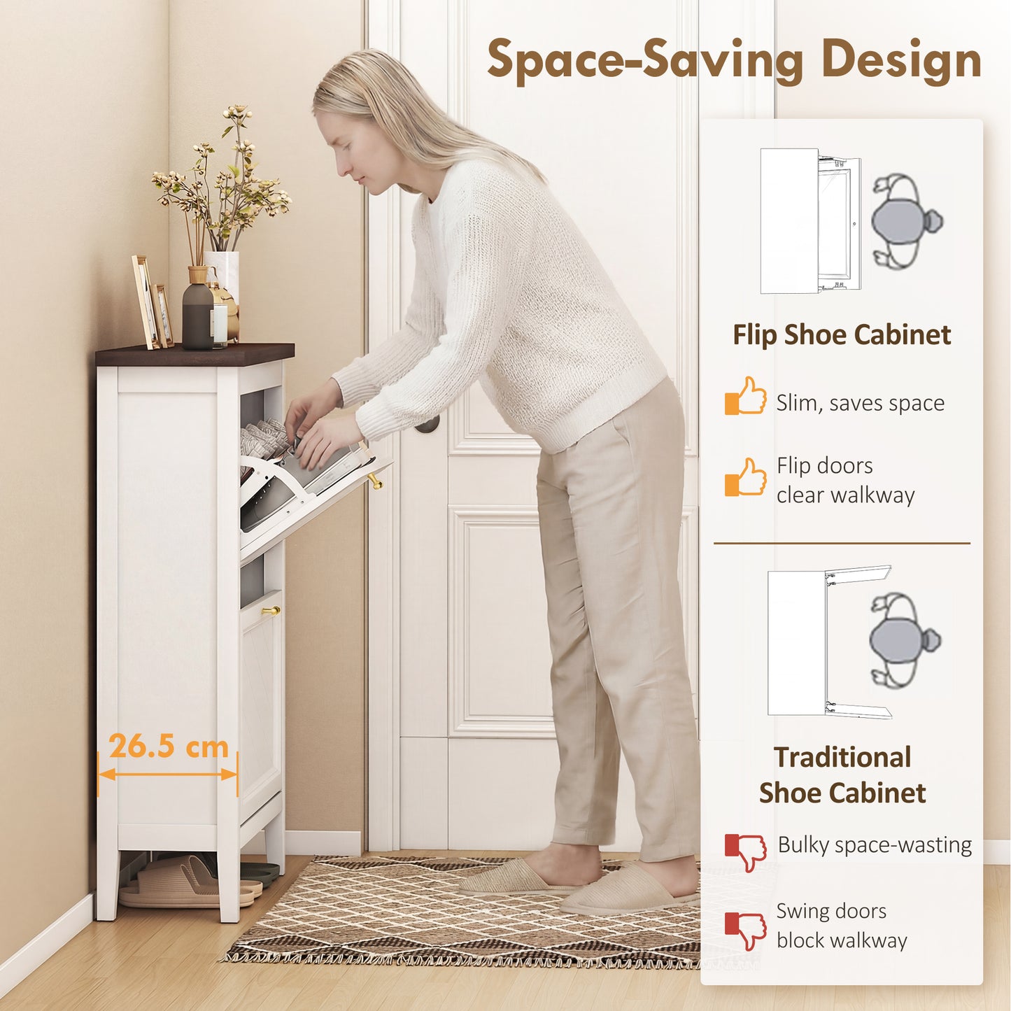 Farmhouse Narrow Shoe Cabinet | 2 Flip Drawers | Gold Handles | White | 96.7cm