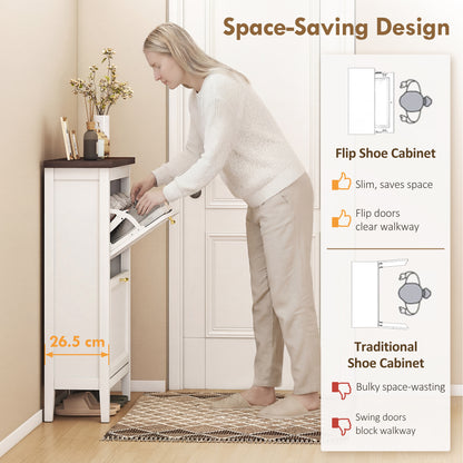 Farmhouse Narrow Shoe Cabinet | 2 Flip Drawers | Gold Handles | White | 96.7cm