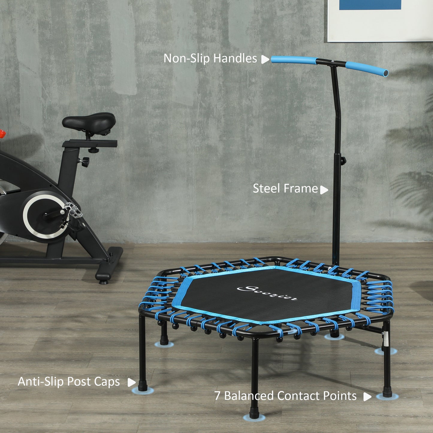 Adult Fitness Rebounder Trampoline | 45" | Bungee Cord | 12-Colour LED & Remote | 3-Height Adjustable Handle | 100kg | Blue