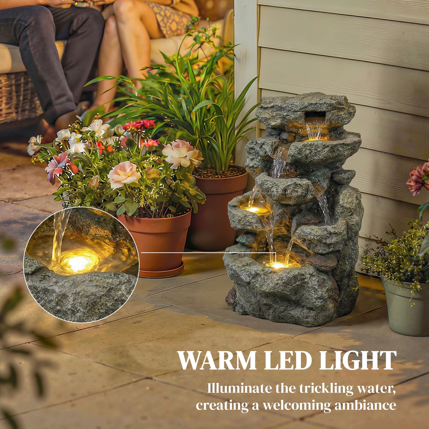 Compact 6-Tier Rock Design Garden Fountain | LED Lights | Adjustable Pump | Grey | 36.5cm