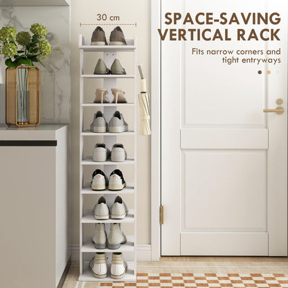 9-Tier Shoe Rack | Graduated Shelf Heights to Size 46 | Removable Shelves for Boots & Heels | Top Tray with Rail | 2 Side Hooks | 30x30x128.4cm | 18kg | Particleboard | Entryway | White