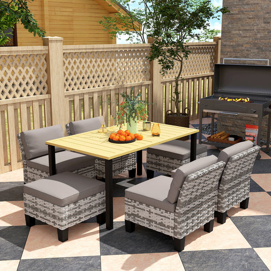 7-Piece Rattan Garden Dining Set, 6 Seater Wicker Garden Furniture Set with Seat and Back Cushions, Umbrella Hole, Patio Table and Chairs