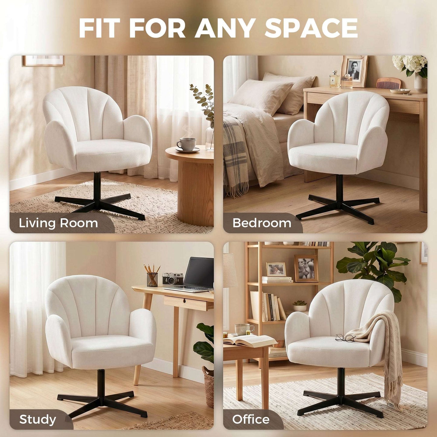 Shell-Shaped Swivel Accent Chair | 360° Swivel | 11cm Spring-Packed Seat | Velvet-Feel Fabric | Metal Base | Plastic Floor Pads | 120kg | 64.5x68x80cm | Cream