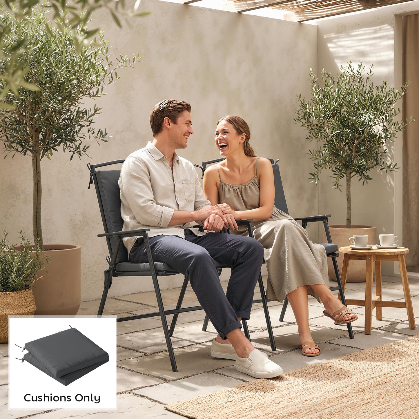 Set of 2 Garden Seat Cushions | 7cm High Density Foam | 50x50cm | Water Resistant | UV30+ | Fire Retardant | Zip Off Covers | Securing Ties | Dark Grey
