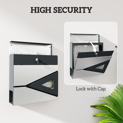 Wall Mounted Post Box with Viewing Window, 2 Lock, Modern Galvanised Steel Mailbox with Copper Core, Weatherproof Letterbox - Silver