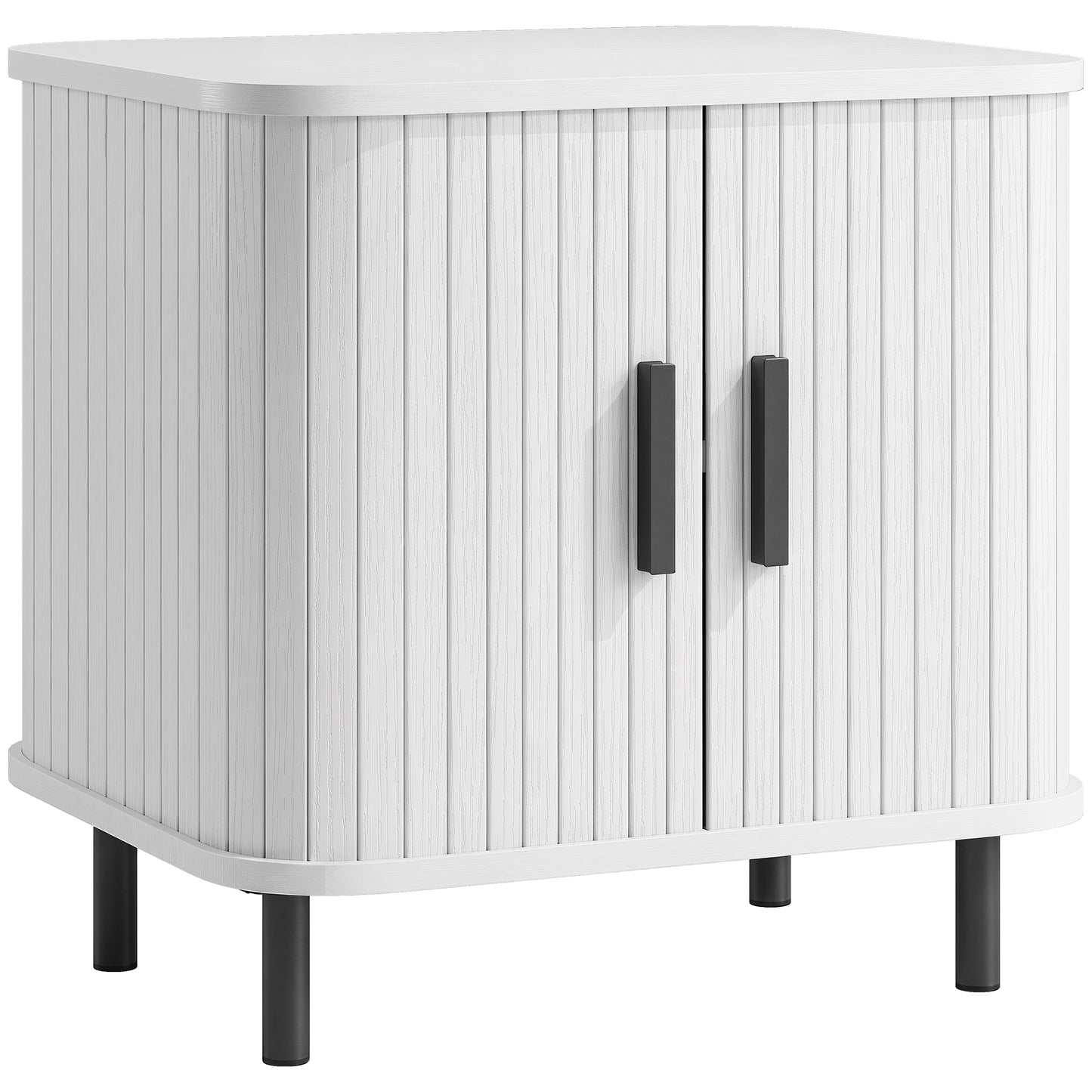 Nordic Bedside Table | Roller Shutter Sliding Doors | 2-Tier Storage | Steel Legs | Scratch-Resistant Melamine | 90kg Capacity | 48 x 40 x 48cm | White Wood Effect