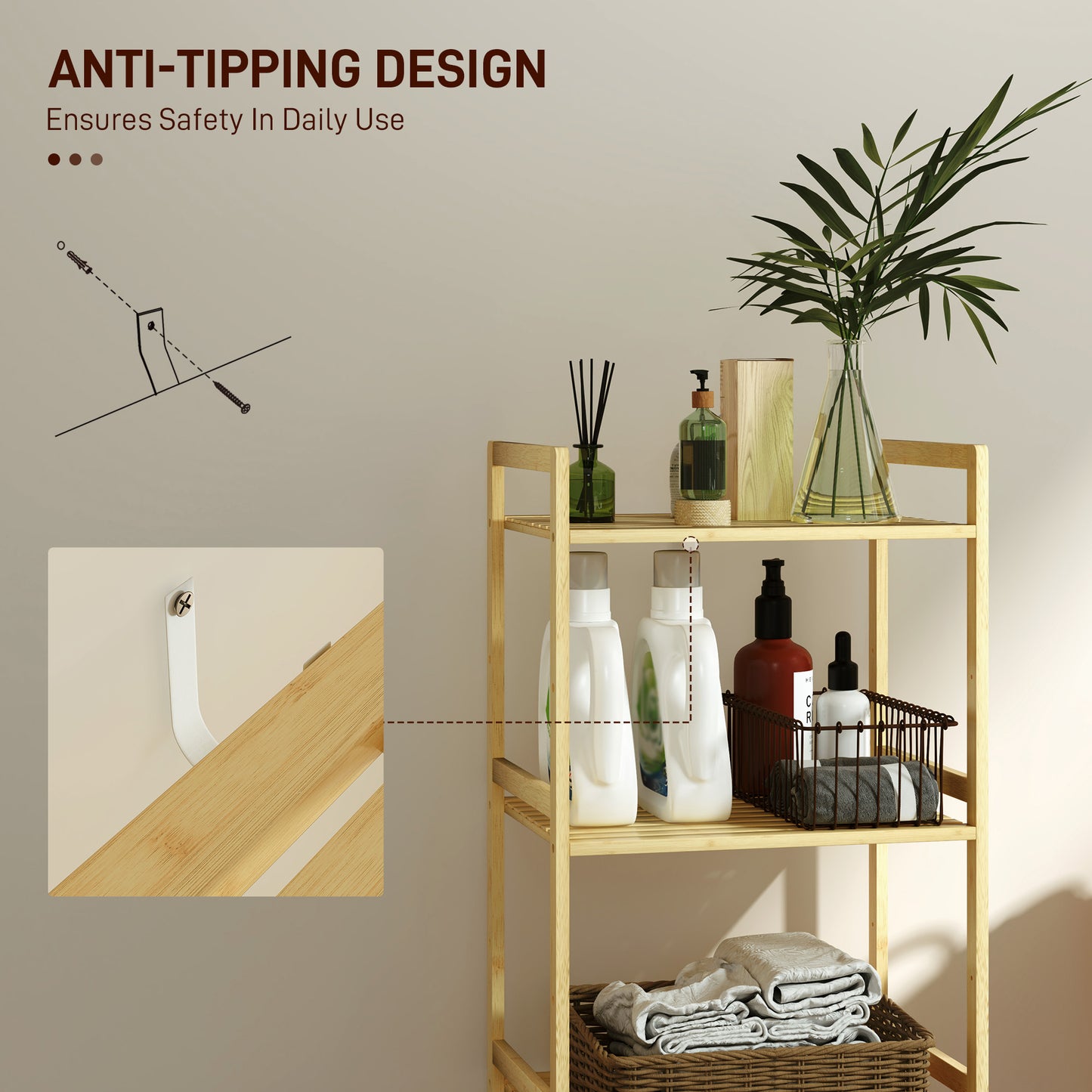 Three-Tier Bamboo Adjustable Shelf Storage Unit