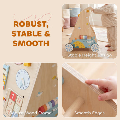 Wooden Baby Walker | Detachable Double-Sided Activity Board, Push-Along Learning Toy with Storage | 1-3 Years | Natural Finish
