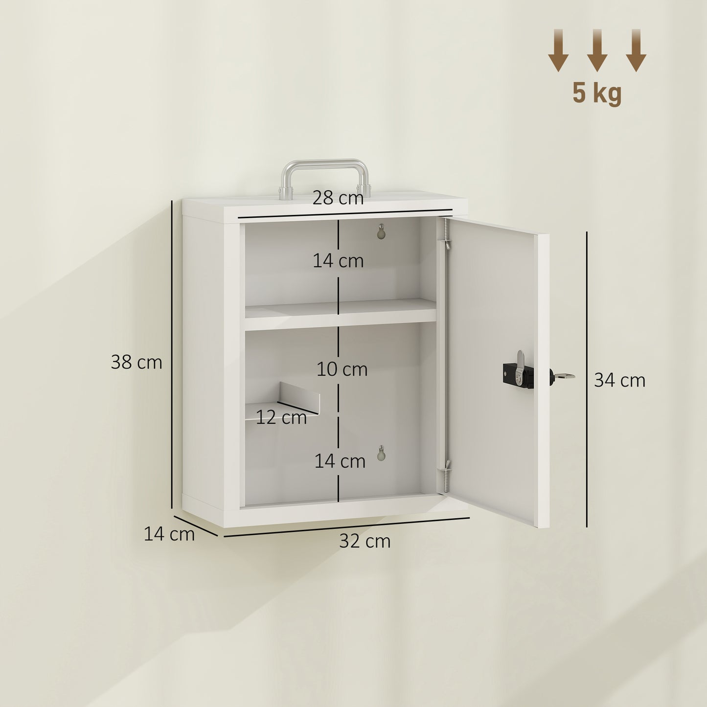 Wall Mount Medicine Cabinet | Combination & Key Dual Lock | 3-Tier Steel | 5kg | No Assembly | 32 x 14 x 38cm | White