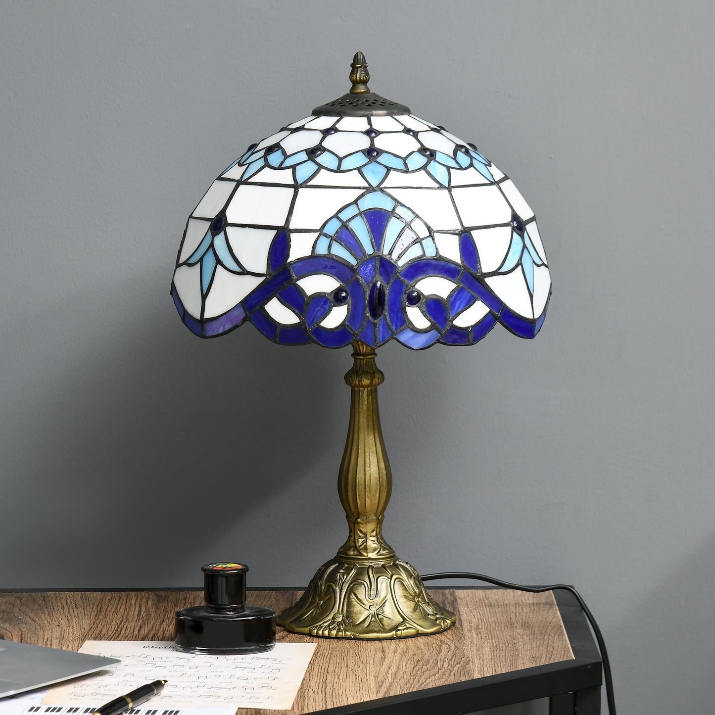 Stained Glass Table Lamp, Handmade Antique Style Bedside Lamp for Bedroom, Living room, Home, Nightstand, Decorative Night Light, Blue