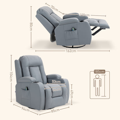 Massage Recliner Chair with 8 Vibration & Heat, PU Leather Recliner Armchair W/ Cup Holders, Side Pockets, Manual Reclining Chair, Light Grey