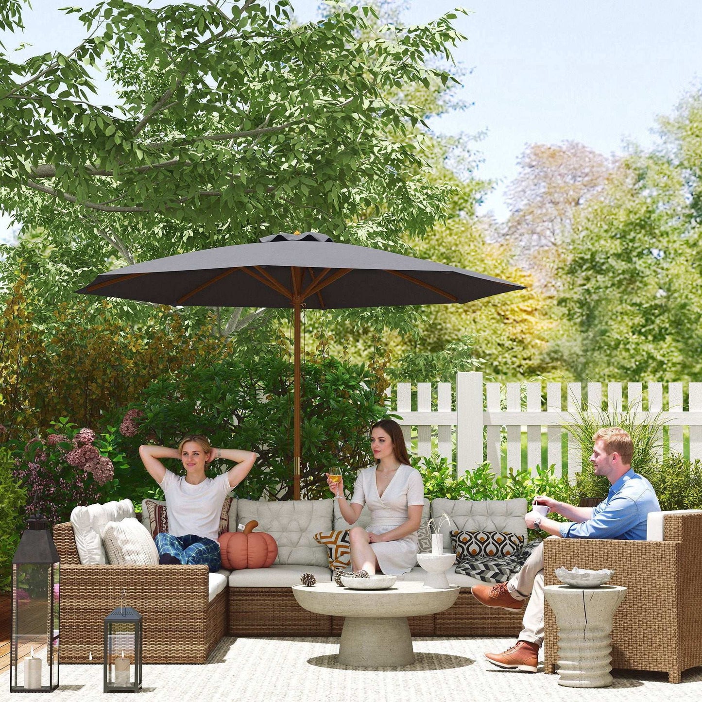 Outsunny 3(m) Wooden Patio Parasol Umbrella - Dark Grey