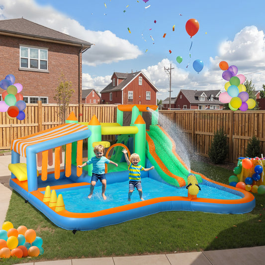 8 in 1 Inflatable Bounce House Bouncy Castle with 680W Blower, Slide, 2 Pools, Basketball Hoop, Climbing Wall, Water Gun, Ring Toss