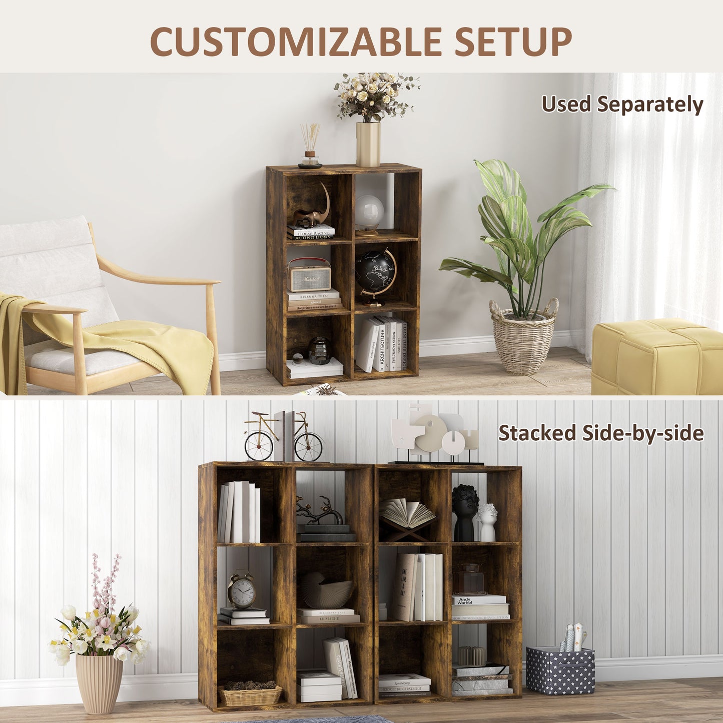 3-tier 6 Cubes Storage Unit Particle Board Cabinet Bookcase Organiser Home Office Shelves Rustic Brown