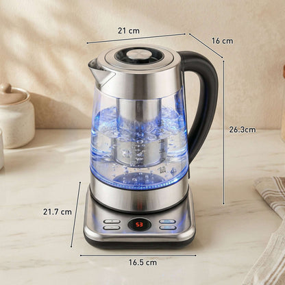 1.7L Glass Electric Kettle | 3000W Strix Controller | 5 Temperature Presets 60-100°C | 2hr Keep-Warm | Built-In Tea Infuser | LCD Display | Stainless Steel Base | 70cm Cable | Silver