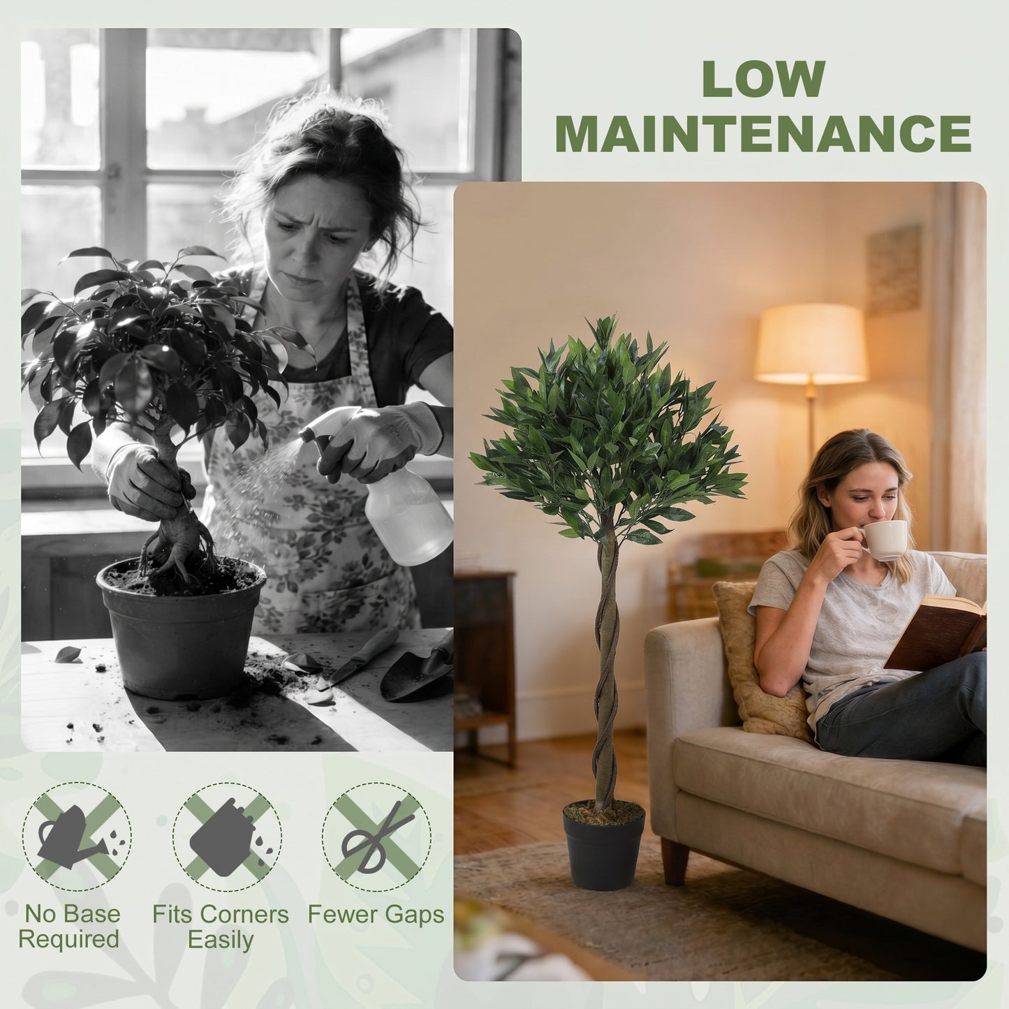 Set of 2 Artificial Bay Laurel Topiary Trees | 741 PE Leaves | Twisted Trunk | Bendable Branches | UV-Resistant | Weighted Cement Pots | Indoor & Outdoor | 16 x 120cm | Green