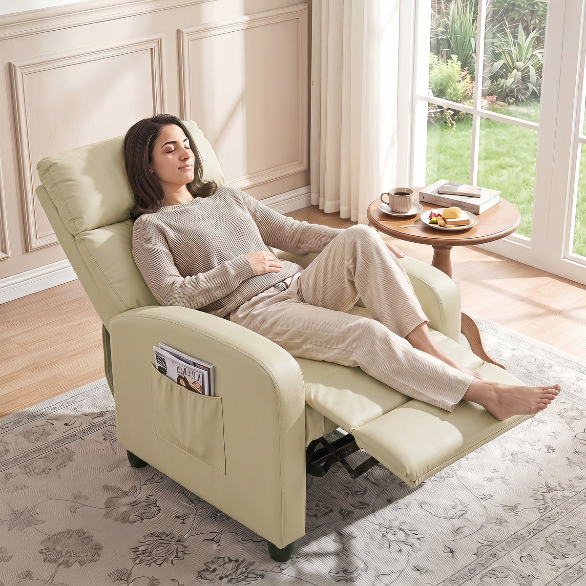 PU Leather Reclining Massage Armchair | 8 Modes 5 Intensity Levels | 2 Vibration Points | 150° Recline with Footrest | Remote Control | Side Pocket | 120kg | 68x88x98cm | Cream / Brown